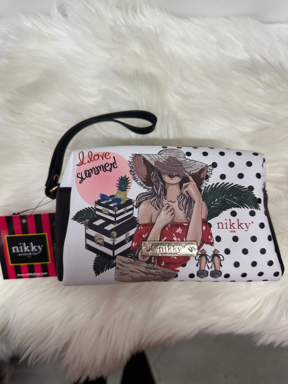 Nikky by Nicole Lee White Polka Dot Cosmetic Bag with Black, Pink & Red Accents